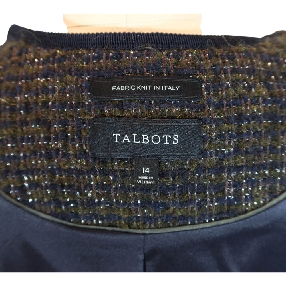TALBOTS Olive Green Tweed Open Jacket 14 Preppy Classic Military Wool Cotton - Picture 6 of 7